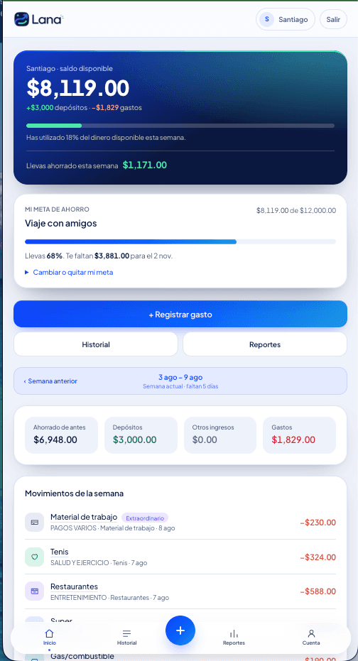 Pantalla del hijo en Lana 360: su saldo, su meta de ahorro y sus gastos