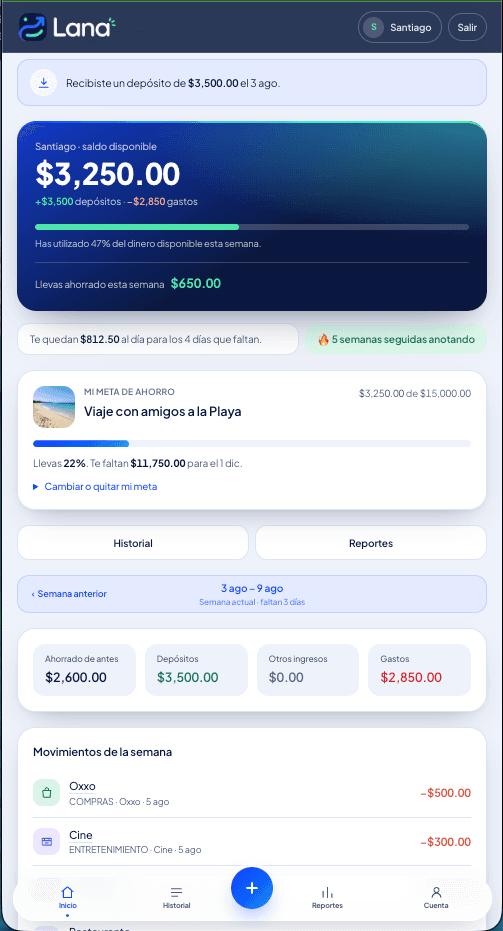 Pantalla de Lana 360: el saldo de la semana, cuánto queda al día, la racha y la meta de ahorro