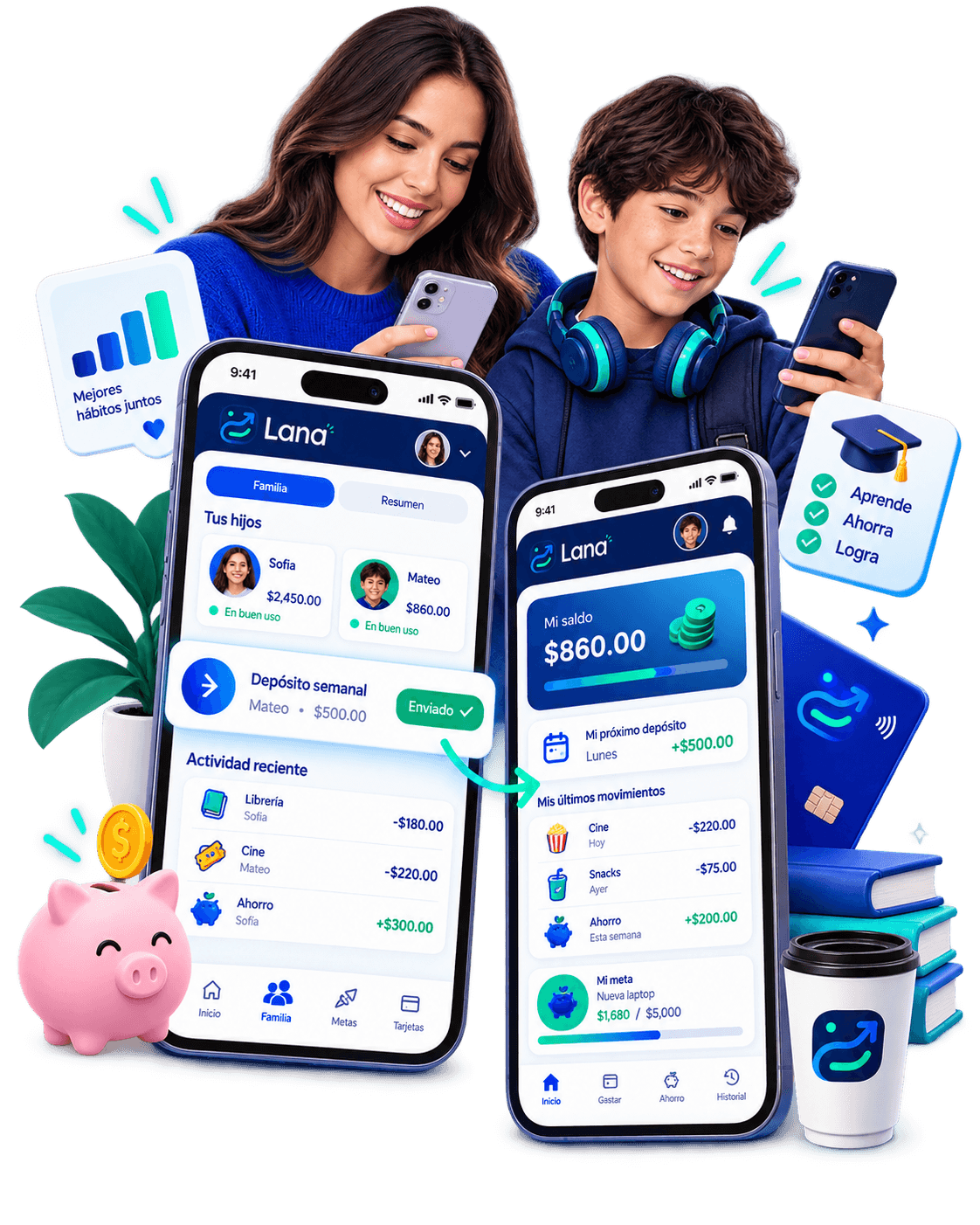 Lana 360 mostrando las cuentas de dos hijos en la pantalla de mamá o papá, cada uno con su propio saldo