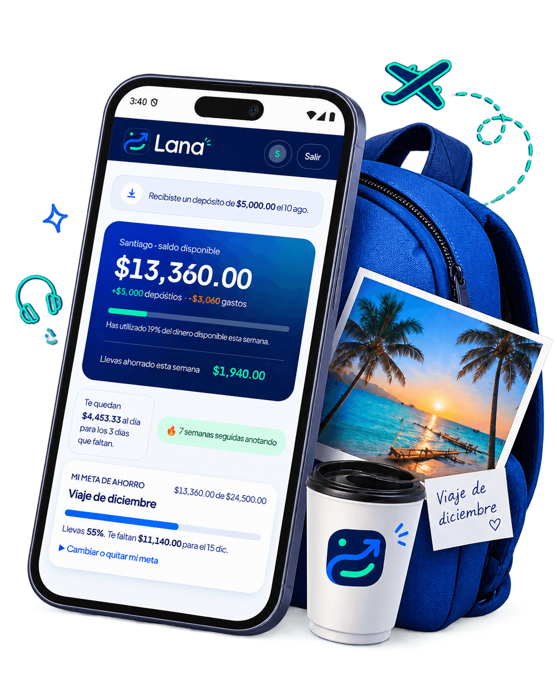 La app de Lana 360 en el teléfono, con la mochila, la foto del viaje que estás juntando y la meta de ahorro