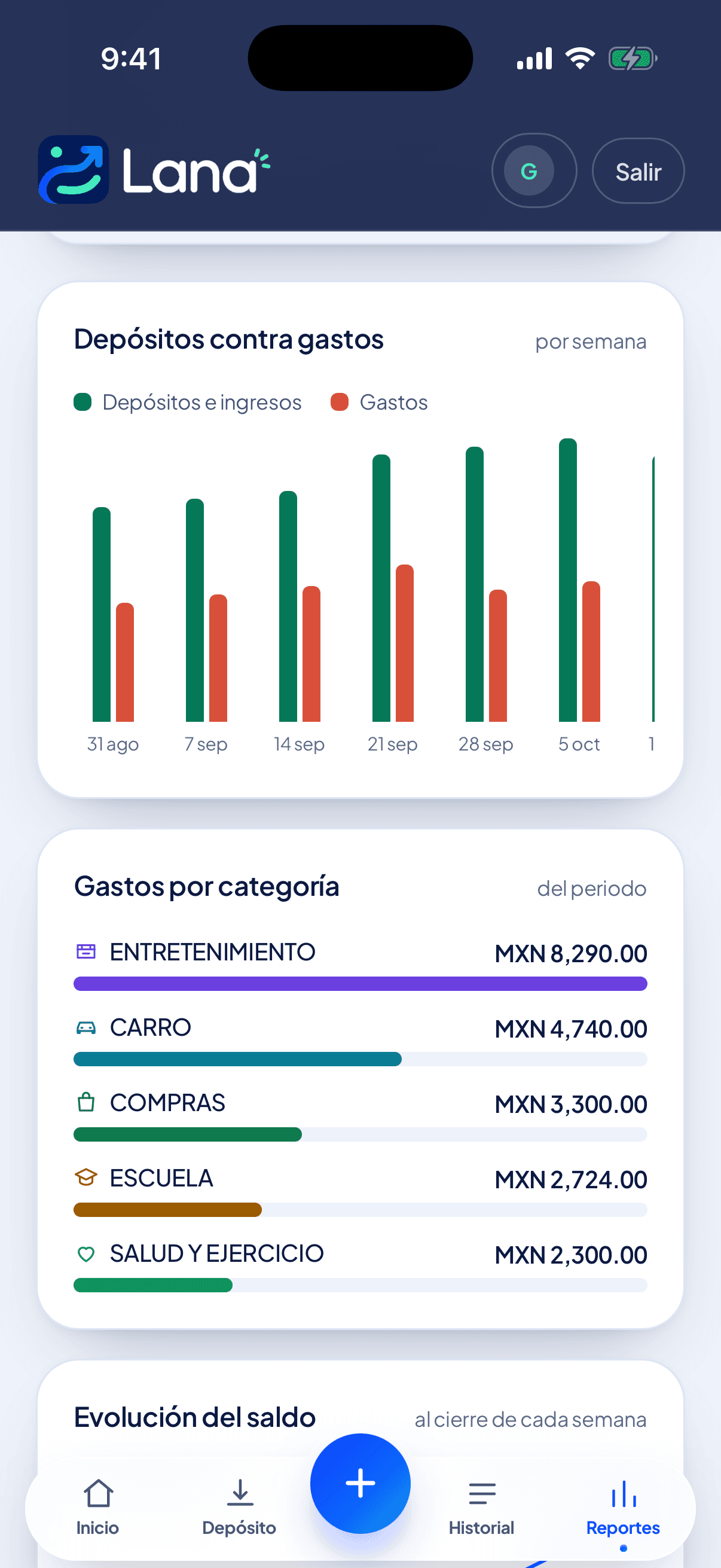 Gráficas de depósitos, gastos y categorías en Lana 360