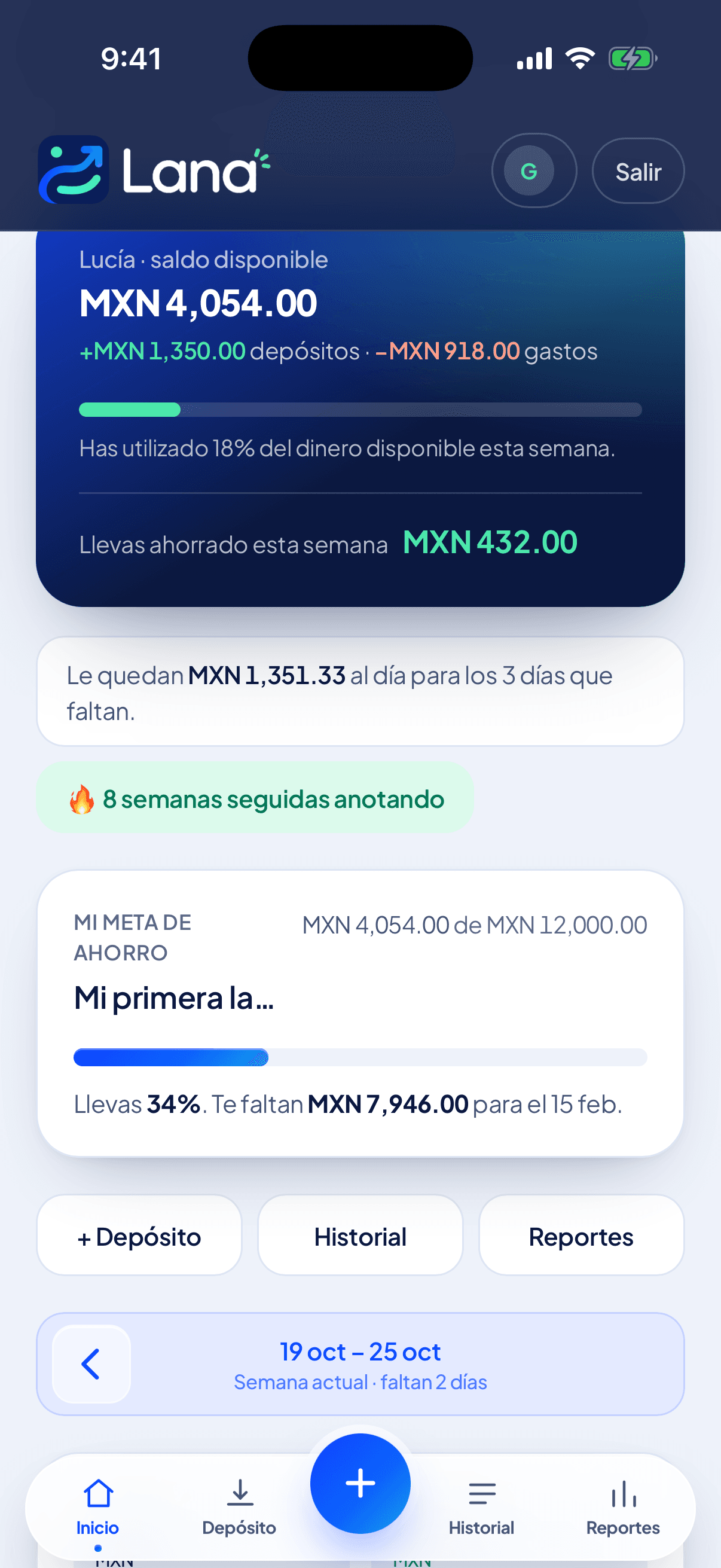 Lana 360: saldo semanal y meta de ahorro