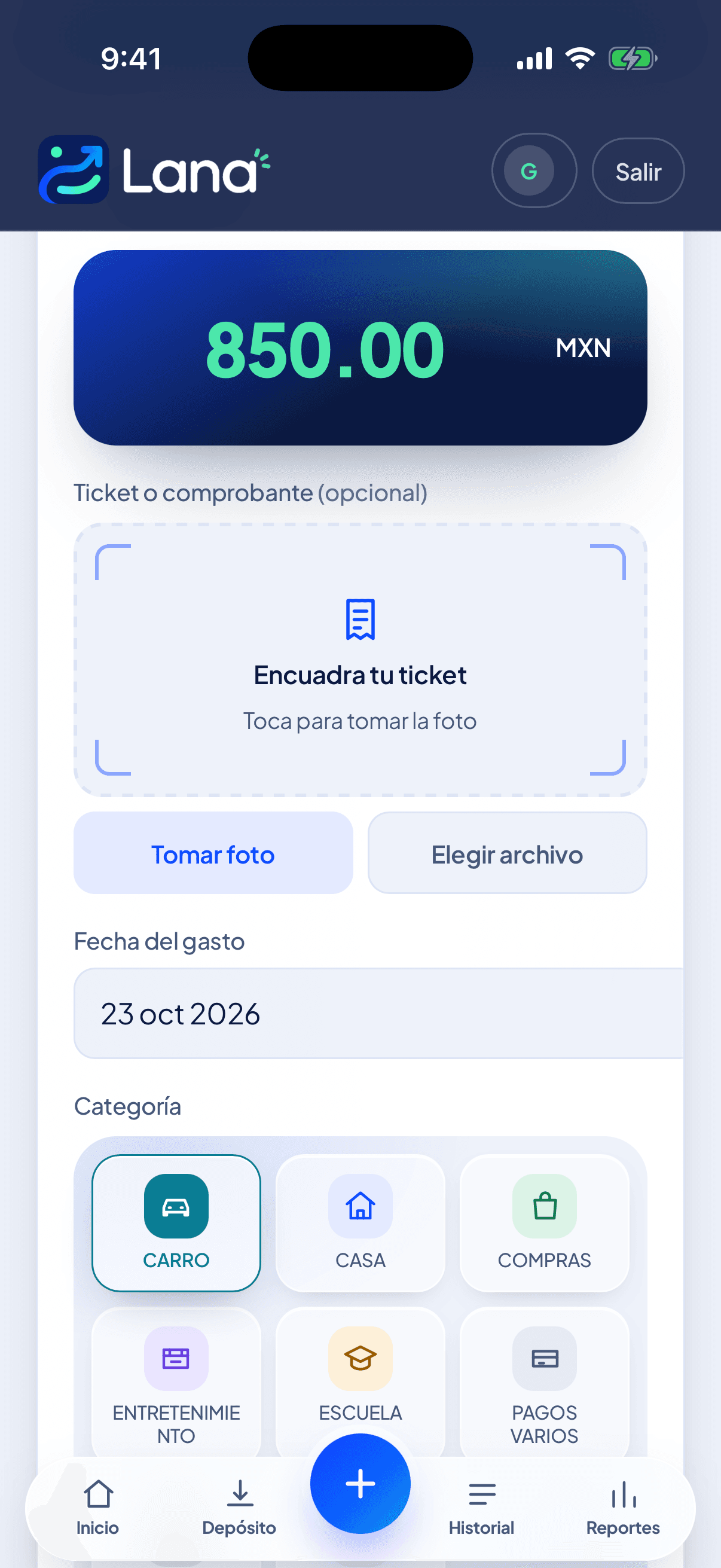 Pantalla de captura de Lana 360: el recuadro para el ticket, el importe y las categorías