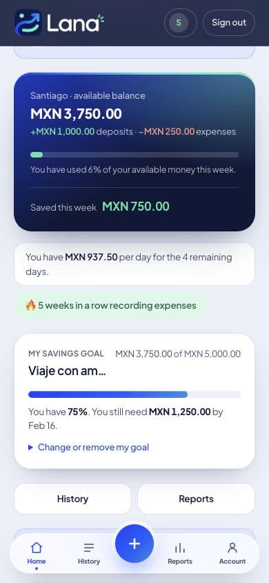 Lana 360 in English: weekly balance and savings goal