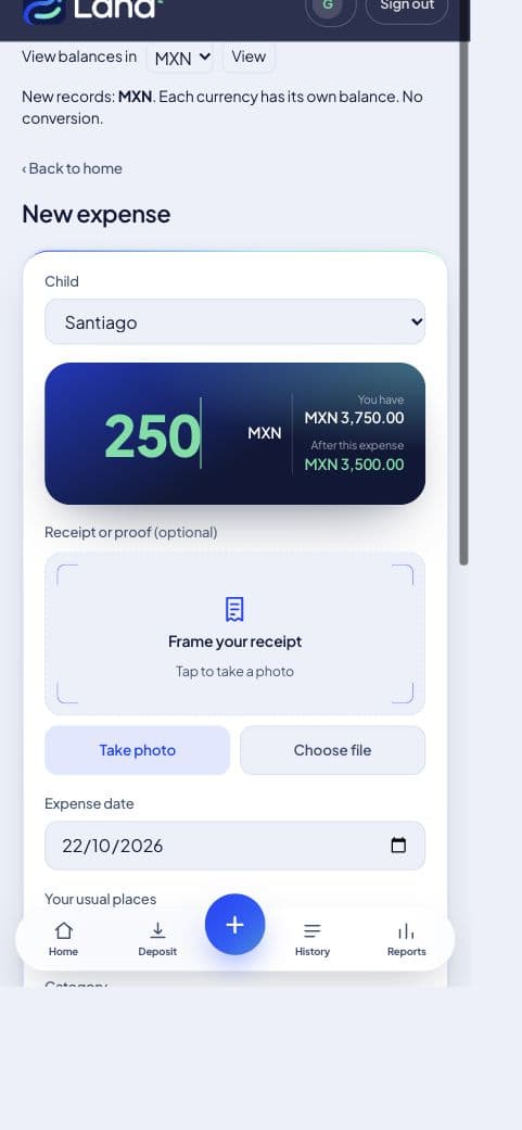 Lana 360 expense form: receipt capture, amount, and categories