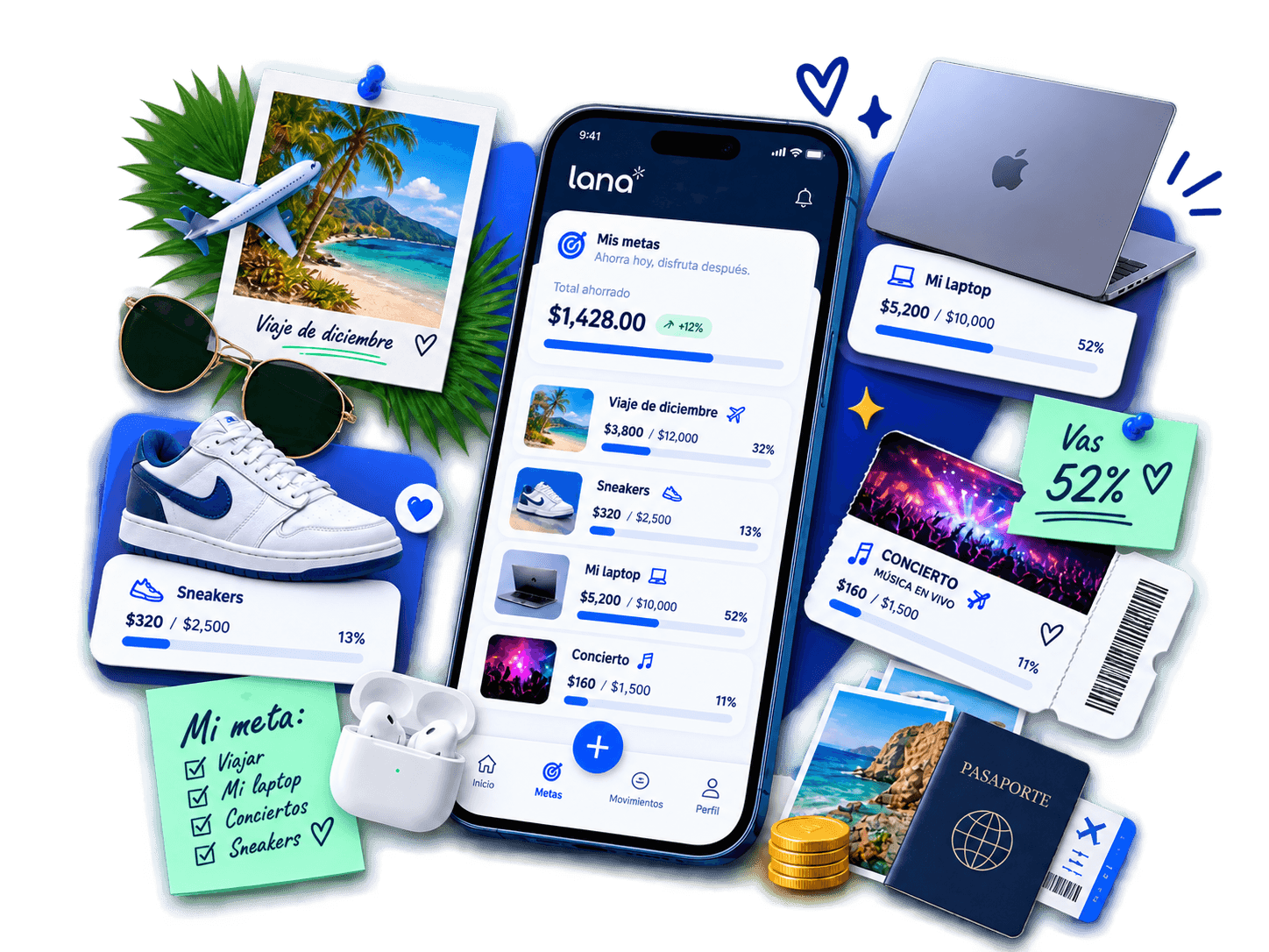 Tablero de metas de Lana 360: viaje de diciembre, laptop, sneakers y concierto, cada uno con su propio avance de ahorro