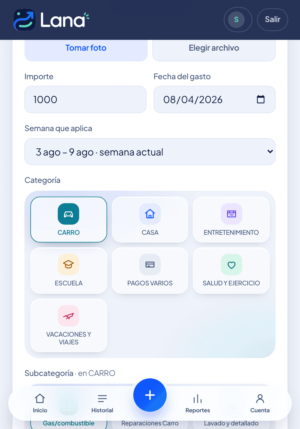 Pantalla de captura de Lana 360: el recuadro para el ticket, el importe y las categorías