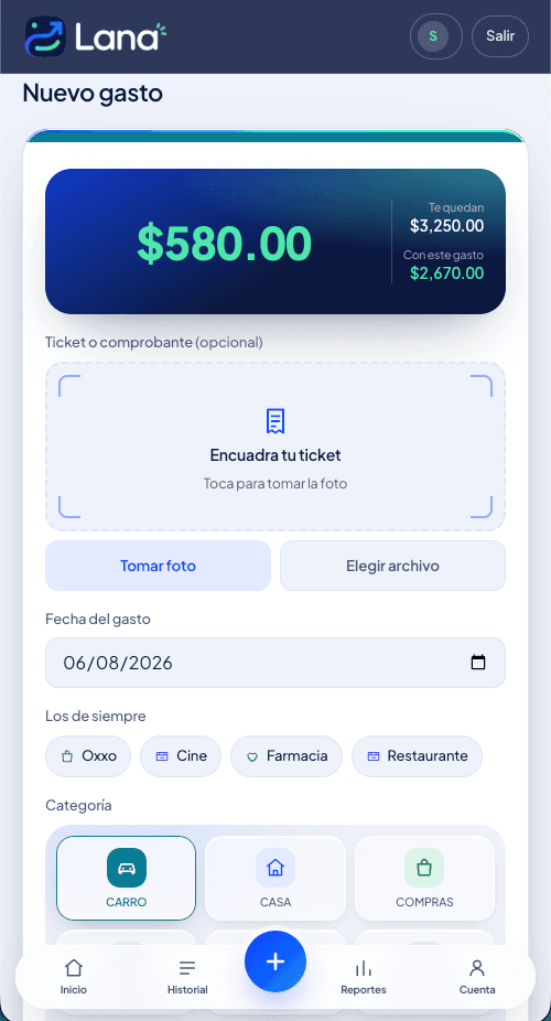 Pantalla de captura de Lana 360: el recuadro para el ticket, el importe y las categorías