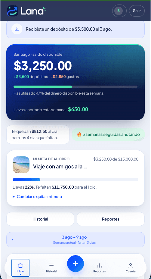 Pantalla de Lana 360: el saldo de la semana, cuánto queda al día, la racha y la meta de ahorro